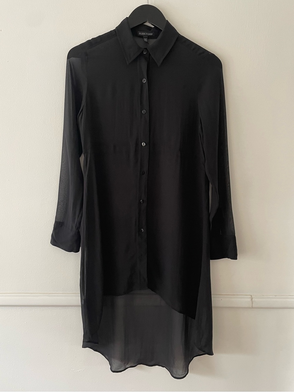 Eileen Fisher 100% Silk Sheer Button Down High-Low Top Size XXS
